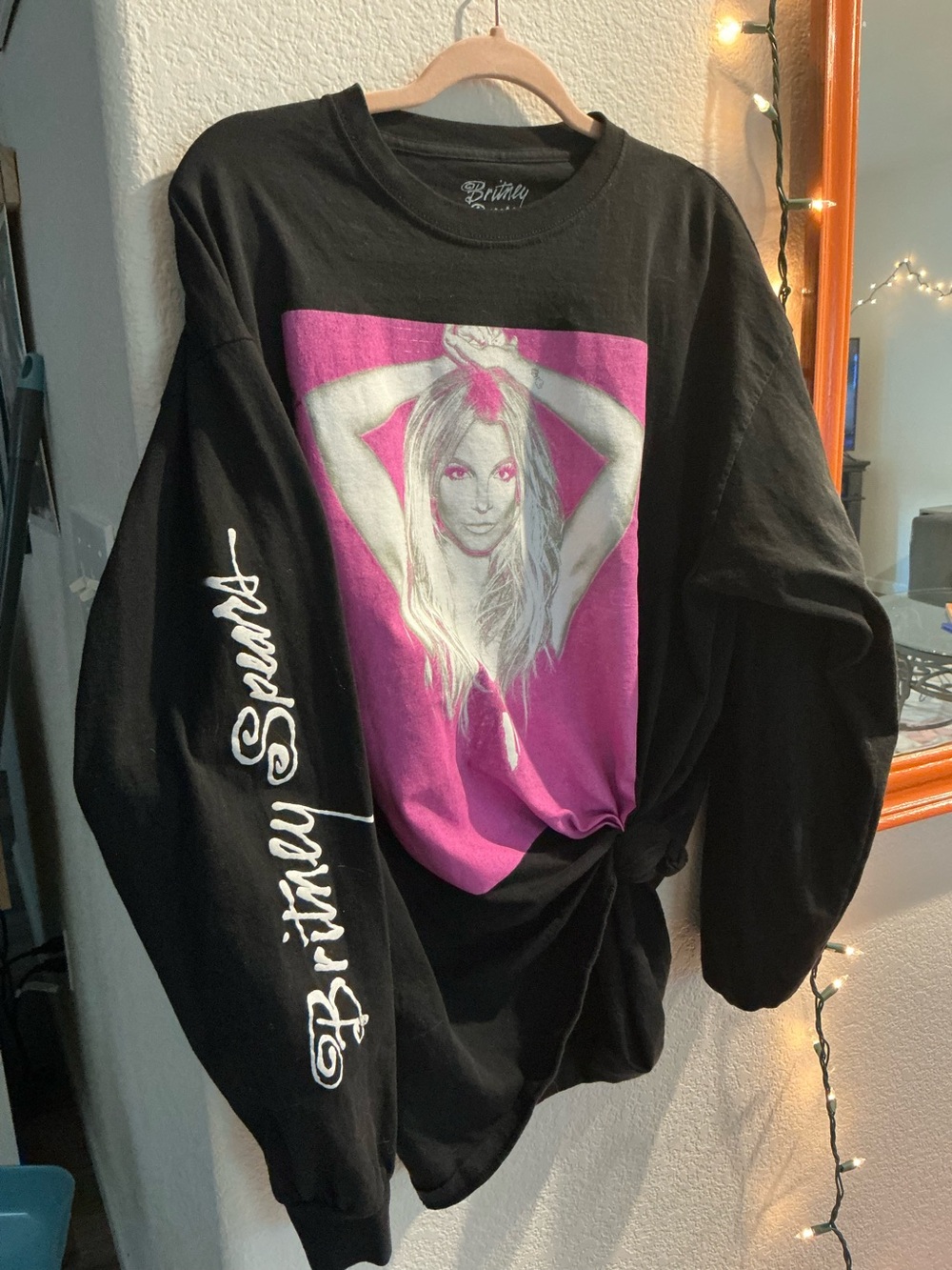 Britney Spears Black Long Sleeve Graphic Tee with Pink Print